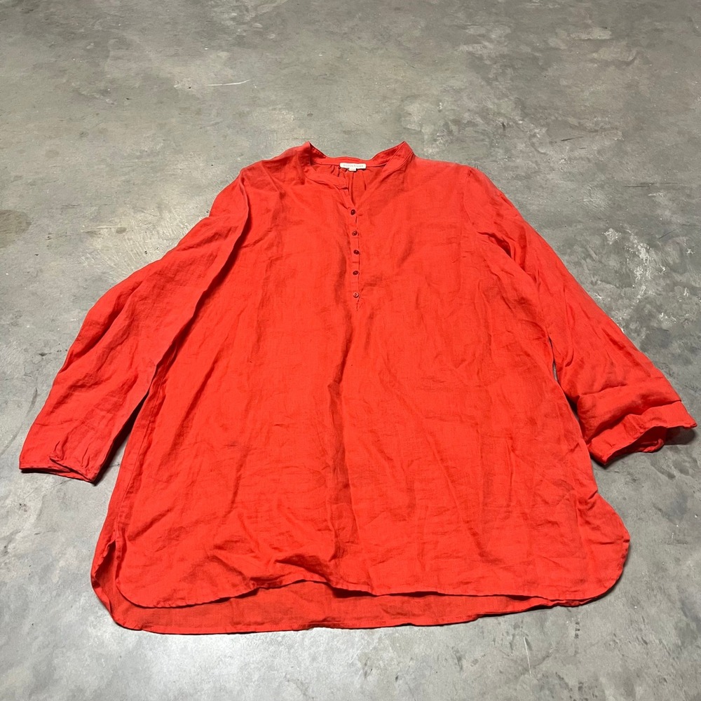 Eileen Fisher 100% Organic Irish Linen Tunic Top Orange Red Large L Band Collar